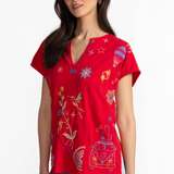 Easy Paneled V-Neck Tee, Racing Red