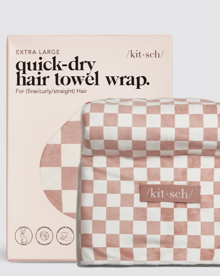 Extra Large Quick Dry Hair Towel Wrap, Terracotta Checker