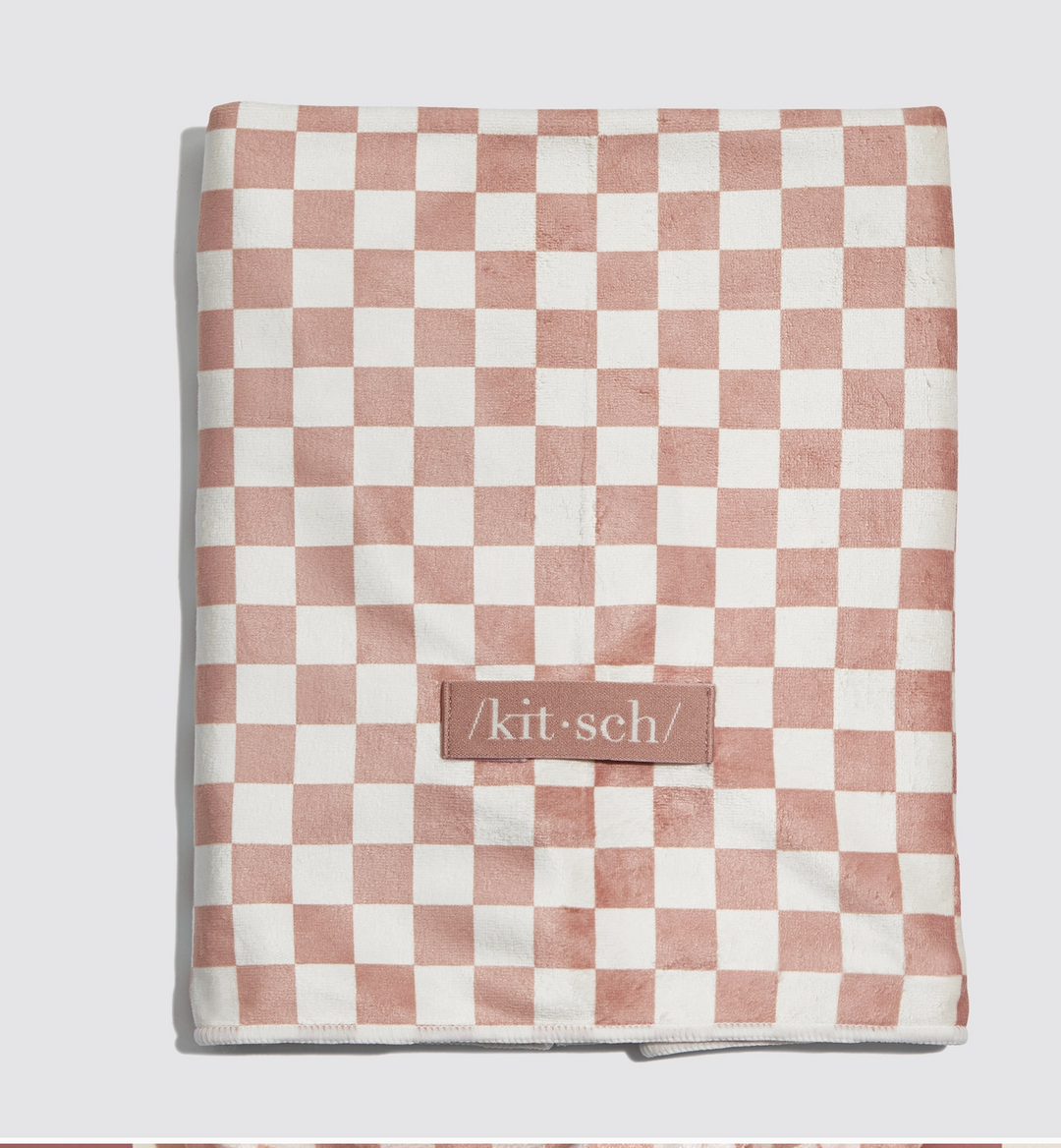 Extra Large Quick Dry Hair Towel Wrap, Terracotta Checker