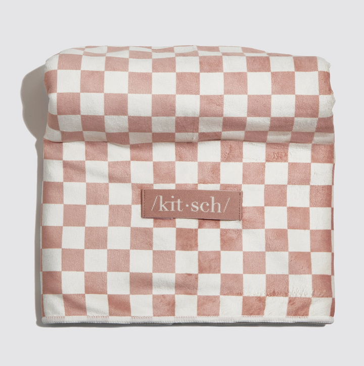 Extra Large Quick Dry Hair Towel Wrap, Terracotta Checker