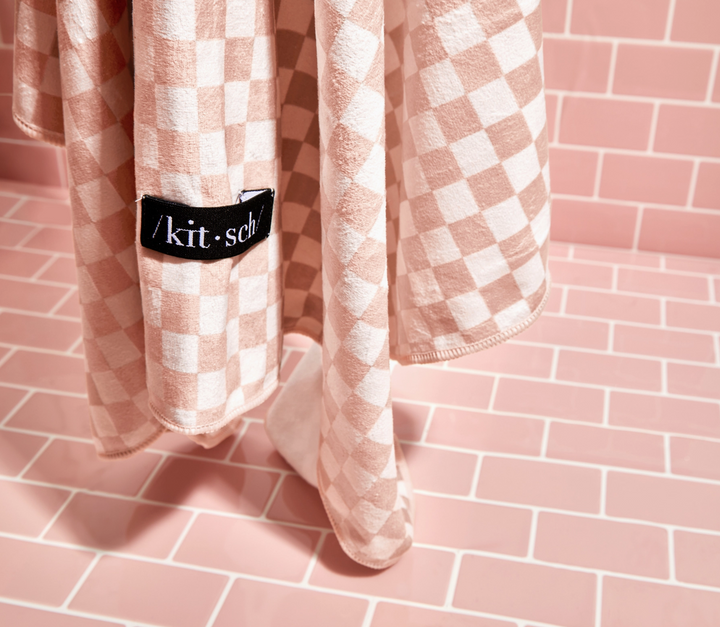 Extra Large Quick Dry Hair Towel Wrap, Terracotta Checker