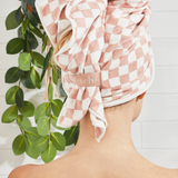 Extra Large Quick Dry Hair Towel Wrap, Terracotta Checker