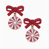 Pave Peppermint Bow Earrings, Red/White