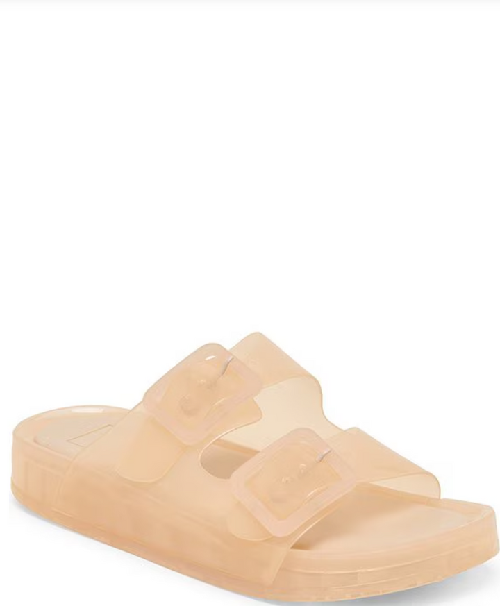 Julio Vinyl Buckle Detail Slide Sandals, Praline