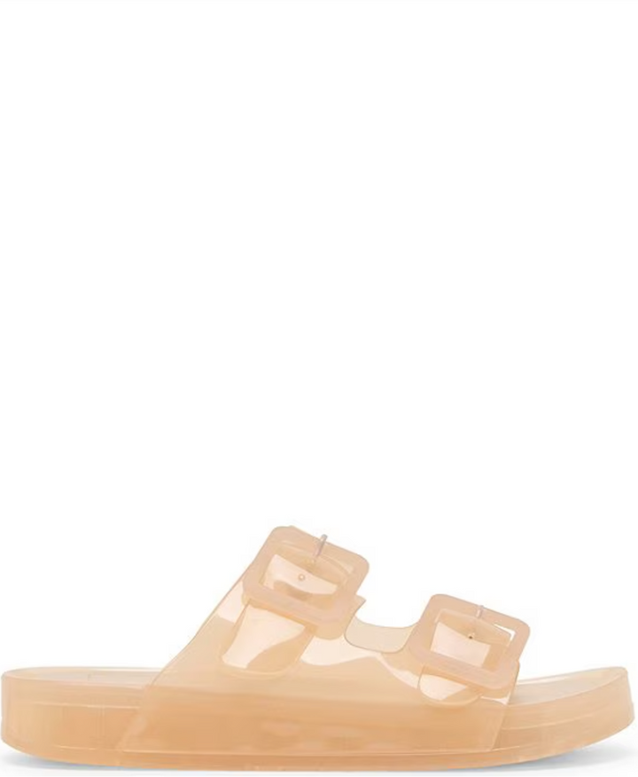 Julio Vinyl Buckle Detail Slide Sandals, Praline
