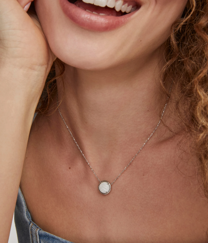Volleyball Silver Short Pendant Necklace in White Mother-of-Pearl