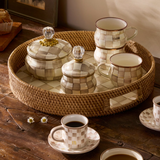Mocha Check Enamel & Rattan Round Serving Tray