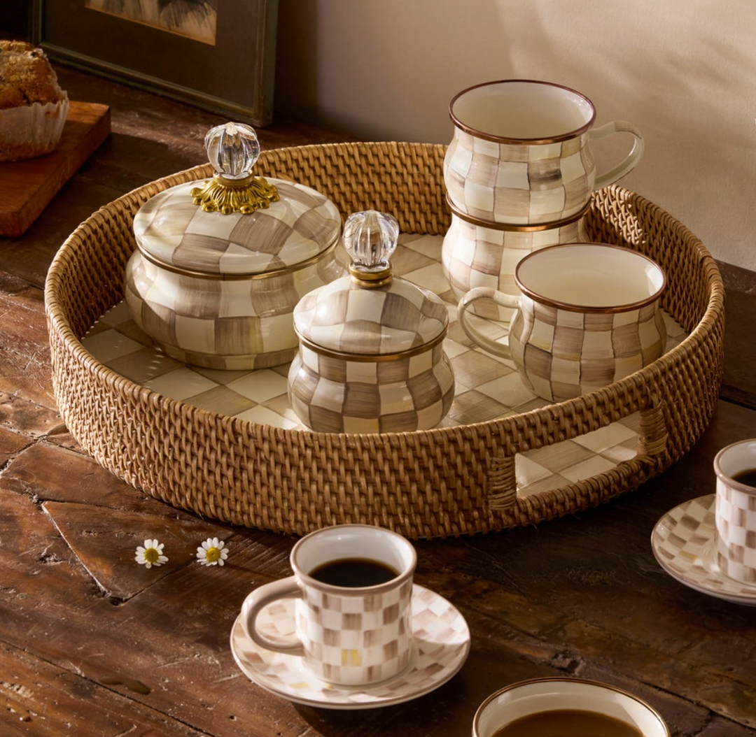 Mocha Check Enamel & Rattan Round Serving Tray