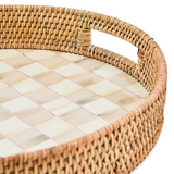 Mocha Check Enamel & Rattan Round Serving Tray