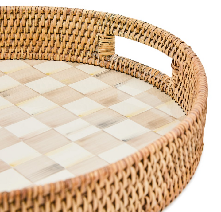 Mocha Check Enamel & Rattan Round Serving Tray