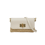 Leather Bamboo Clasp and Raffia Crossbody, Ivory