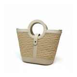 Leather & Raffia Tote Bag with Circular Handles, Ivory