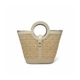 Leather & Raffia Tote Bag with Circular Handles, Ivory