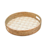 Mocha Check Enamel & Rattan Round Serving Tray