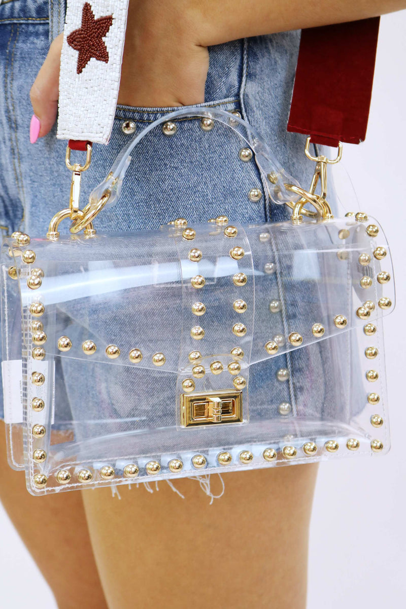 Let's Tailgate Metal Studded Clear Bag, Gold
