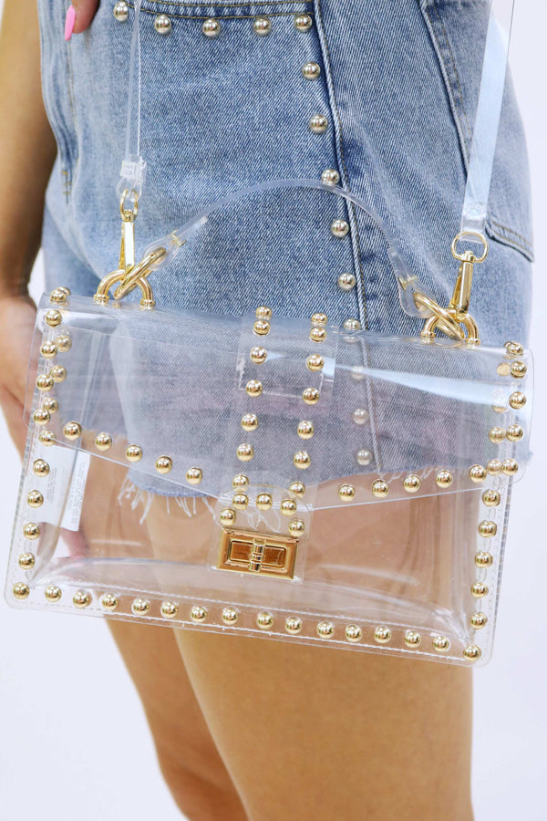 Let's Tailgate Metal Studded Clear Bag, Gold