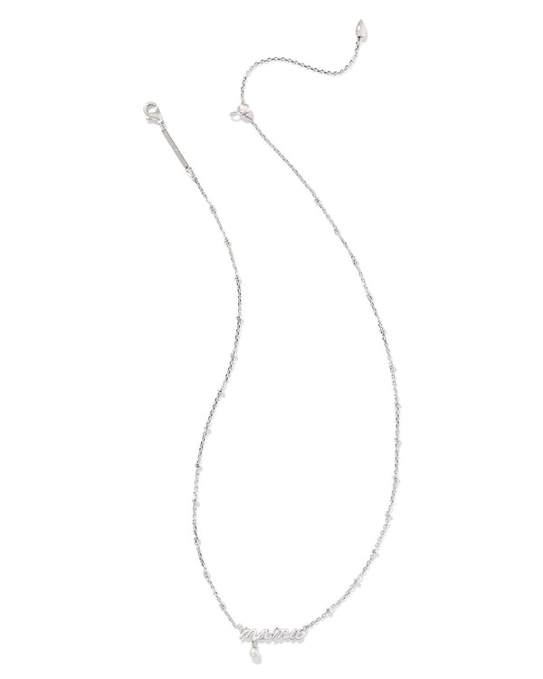Mama Silver Script Pendant Necklace in White Pearl