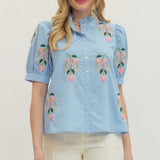 Spring Showers Embroidered Blouse, Chambray