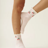 Cherry Ruffle Grip Sock, Baby Pink