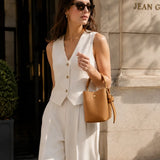 Suede Top Handle Bucket Bag, Camel