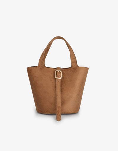 Joya Bucket Mini Faux Suede Purse, Camel