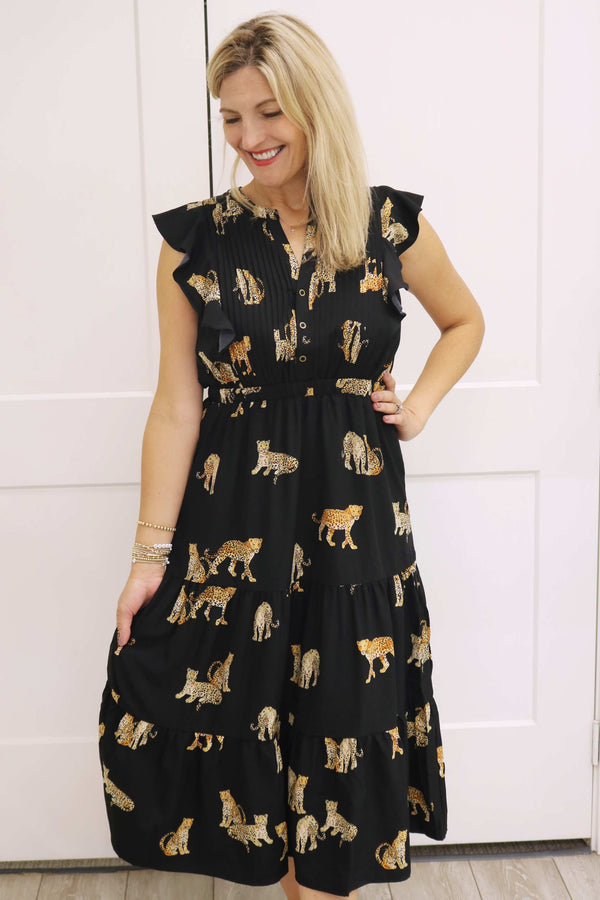 Hear Me Roar Flutter Sleeve Cheetah Maxi Dress