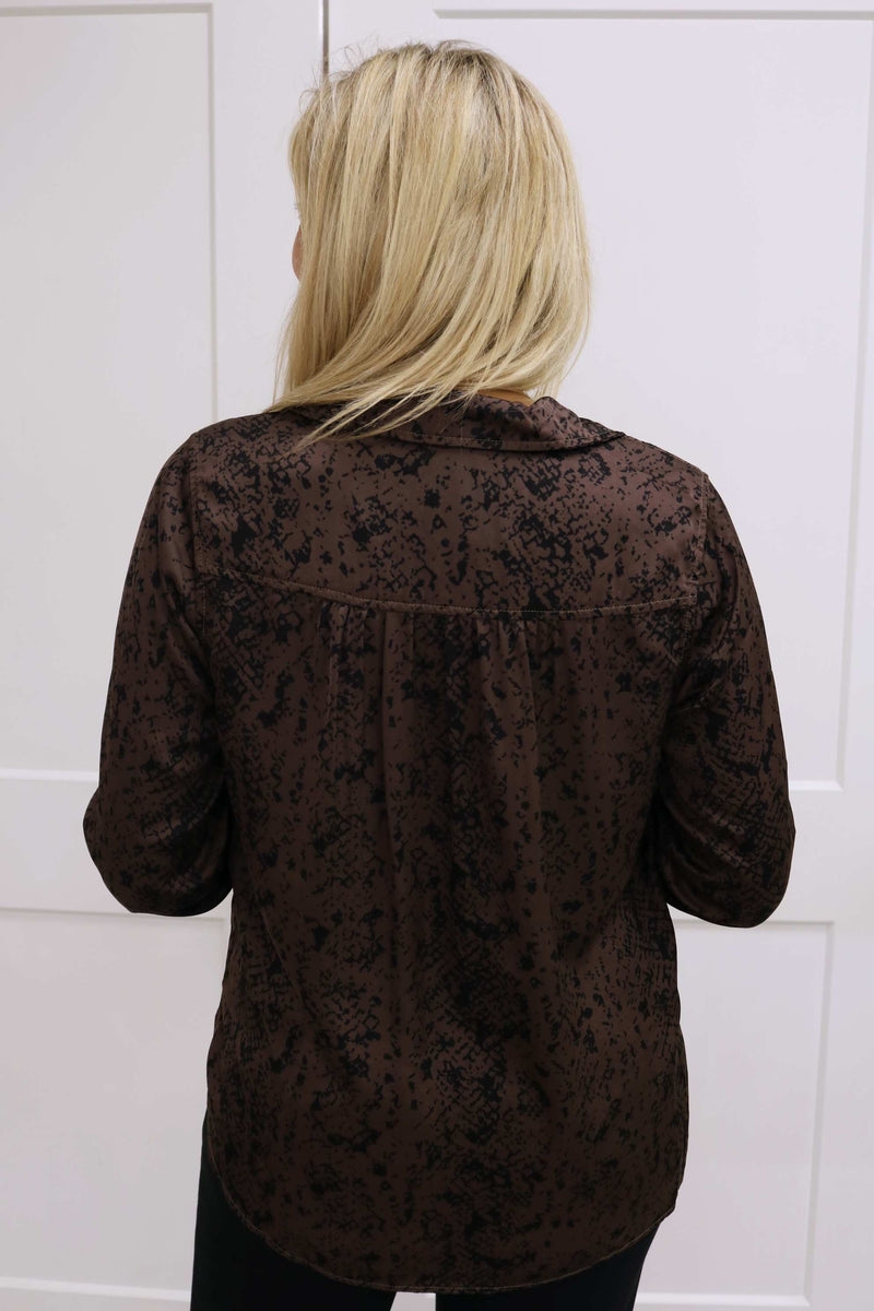 Long Sleeve Rounded Hem Button Down, Brown Snake Print