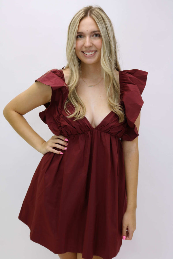 Time Of Our Lives Tie Back Poplin Dress, Maroon