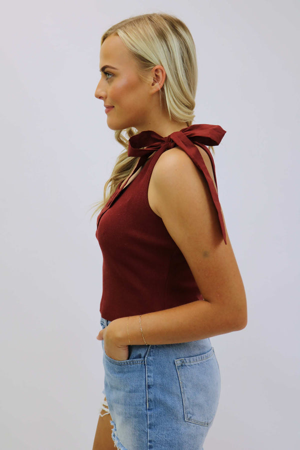 Life Of The Tailgate Ribbed Bow Top, Maroon
