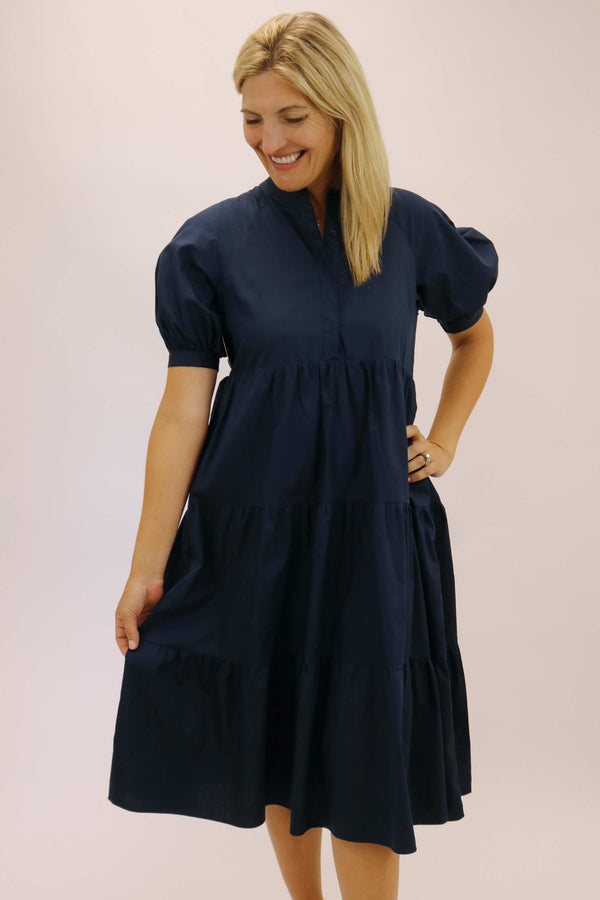Walk With Grace Tiered Midi Dress, Navy