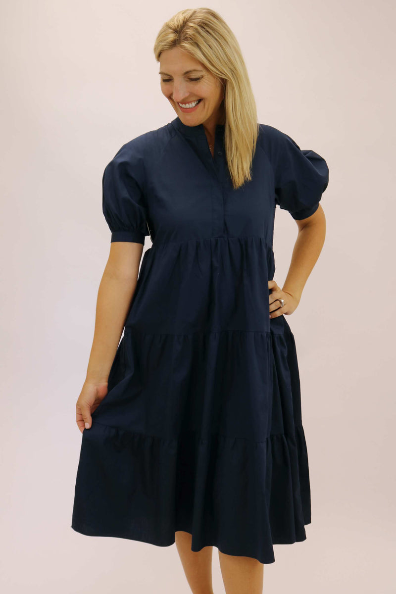 Walk With Grace Tiered Midi Dress, Navy