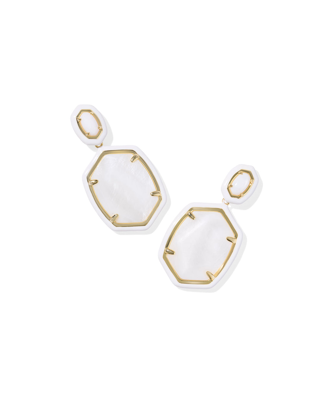 Daphne Enamel Gold Frame Drop Earrings, White Mother of Pearl