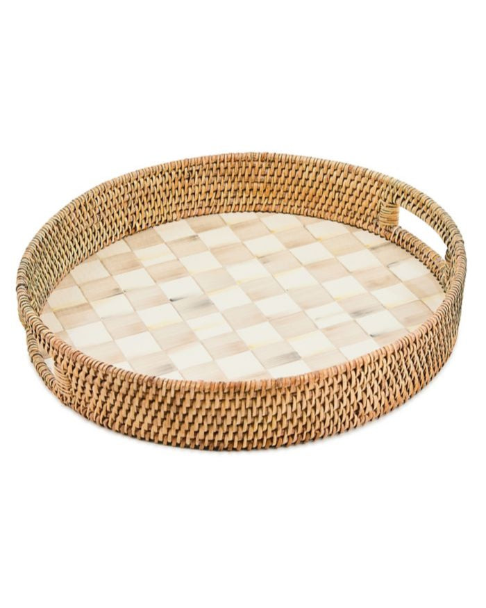 Mocha Check Enamel & Rattan Round Serving Tray