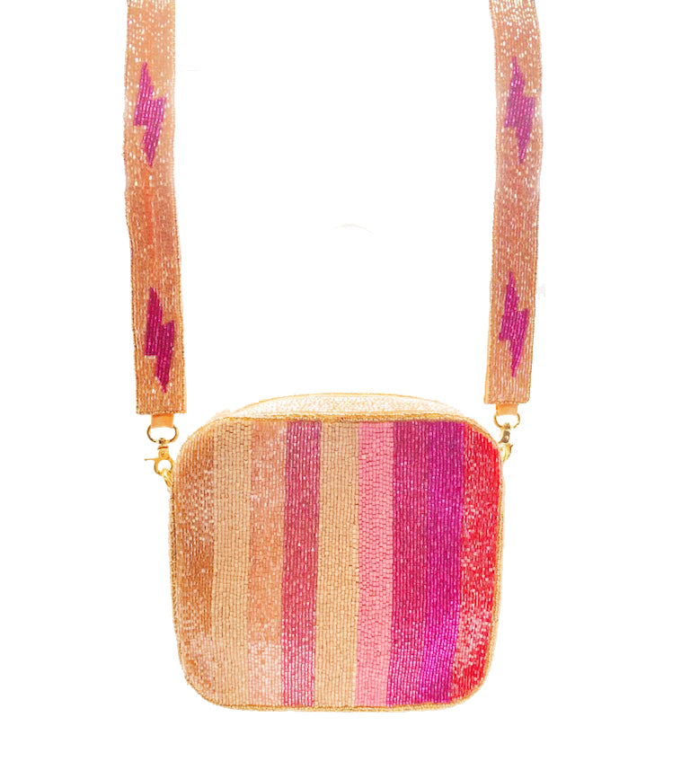 Striped Beaded Bag With Lightning Bolt Strap