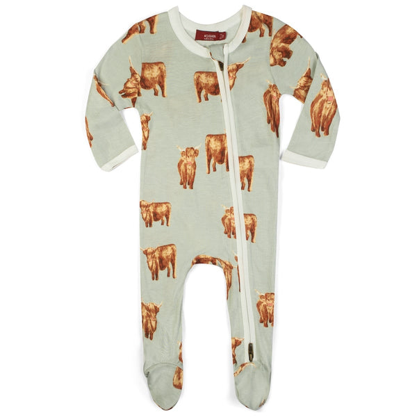Highland Cow Zipper Ruffle Footed Romper